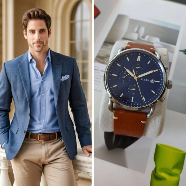 Fossil Commuter Brown with Blue Dial - Most Demanding  💙🤎 - Adjustable, Royal Blue