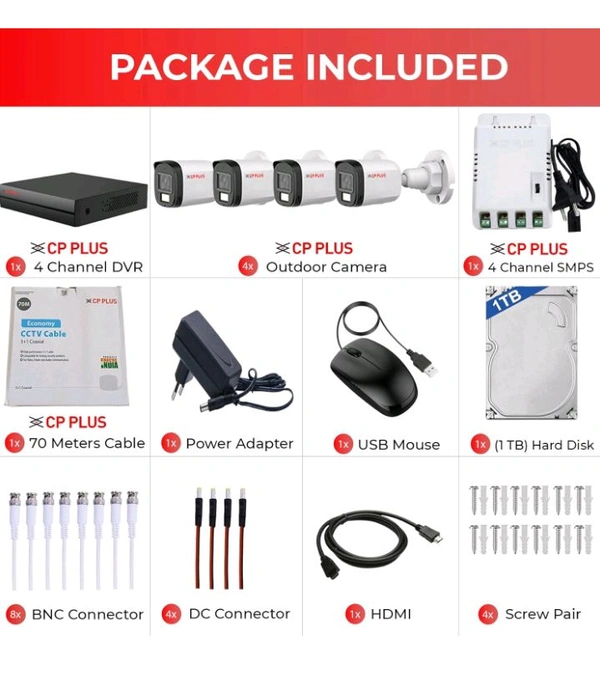 CP CP PLUS 4 channel DVR with 2MP OUTDOOR, Built-in Audio Mic, Dual Light Color Night Vision wired CCTV Cameras, Motion Detection, 4 Channel SMPS, 70 Meters CCTV Cable, 1TB HDD, Required BNC/DC, white - Pack Of 2Camera