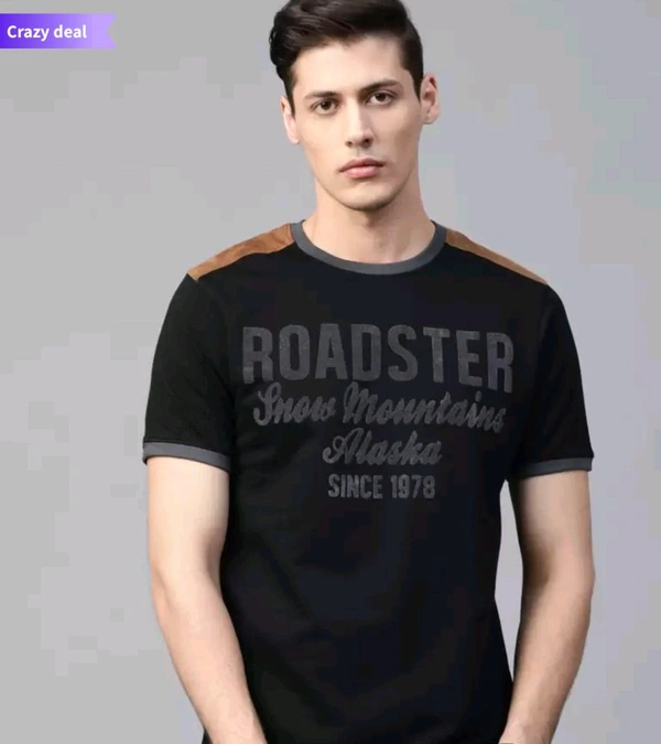 ROADSTER Men Black Grey Printed Round NeckT-shirt  - Black, S