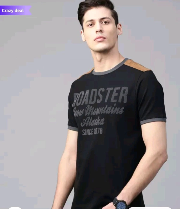 ROADSTER Men Black Grey Printed Round NeckT-shirt  - Black, XL