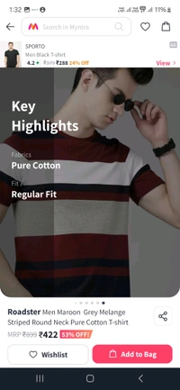 ROADSTER Men Black Maroon Grey Melange  Striped Neck Pure Cotton T-Shirt 