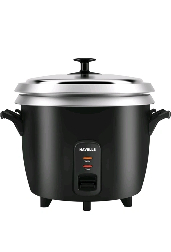 HAVELLS RISO Plus 1.8 liter 1 Bowl Rice Cooker| 700 W | Indicator Light |3 X Protection | 1 mm Thick inner bowl | SS 304 stainless steel Lid | Cook and Warm function| Drum shape model(Black) - Black