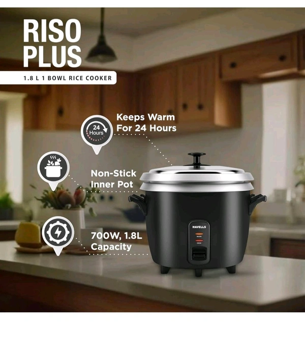 HAVELLS RISO Plus 1.8 liter 1 Bowl Rice Cooker| 700 W | Indicator Light |3 X Protection | 1 mm Thick inner bowl | SS 304 stainless steel Lid | Cook and Warm function| Drum shape model(Black) - Black