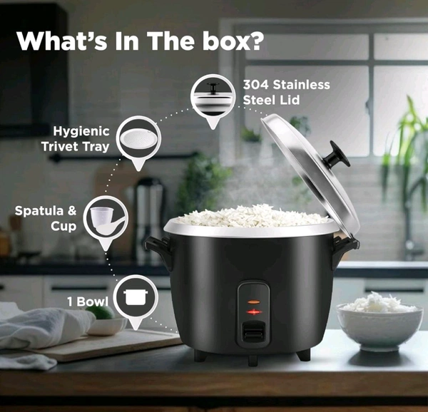 HAVELLS RISO Plus 1.8 liter 1 Bowl Rice Cooker| 700 W | Indicator Light |3 X Protection | 1 mm Thick inner bowl | SS 304 stainless steel Lid | Cook and Warm function| Drum shape model(Black) - Black