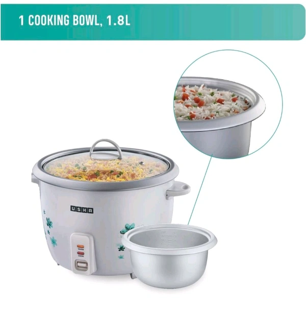 USHA RC18GS1 Steamer 700 Watt Automatic Rice Cooker 1.8 litres with Powerful Heating Element, Keep Rice Warm for 5 Hrs, Steamer, Trivet Plate & More Accessories, 5 Yrs Warranty (White) - White
