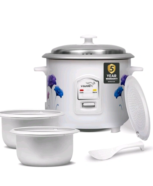 V-Guard VRC 1.0 C 1-Litre Electric Rice Cooker Small with 400 W Power, 2 Pots, Spatula, Rice Separator | 2-Year Product & 5-Year Heating Plate Coverage by V-Guard | Automatic Cooking with Double-layer Body & Cool Touch Handles - White