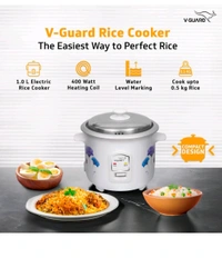 V-Guard VRC 1.0 C 1-Litre Electric Rice Cooker Small with 400 W Power, 2 Pots, Spatula, Rice Separator | 2-Year Product & 5-Year Heating Plate Coverage by V-Guard | Automatic Cooking with Double-layer Body & Cool Touch Handles - White