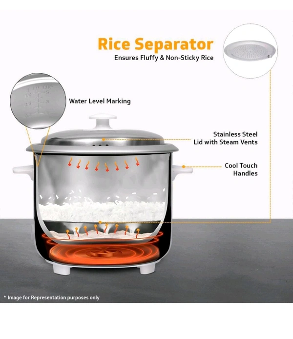V-Guard VRC 1.0 C 1-Litre Electric Rice Cooker Small with 400 W Power, 2 Pots, Spatula, Rice Separator | 2-Year Product & 5-Year Heating Plate Coverage by V-Guard | Automatic Cooking with Double-layer Body & Cool Touch Handles - White