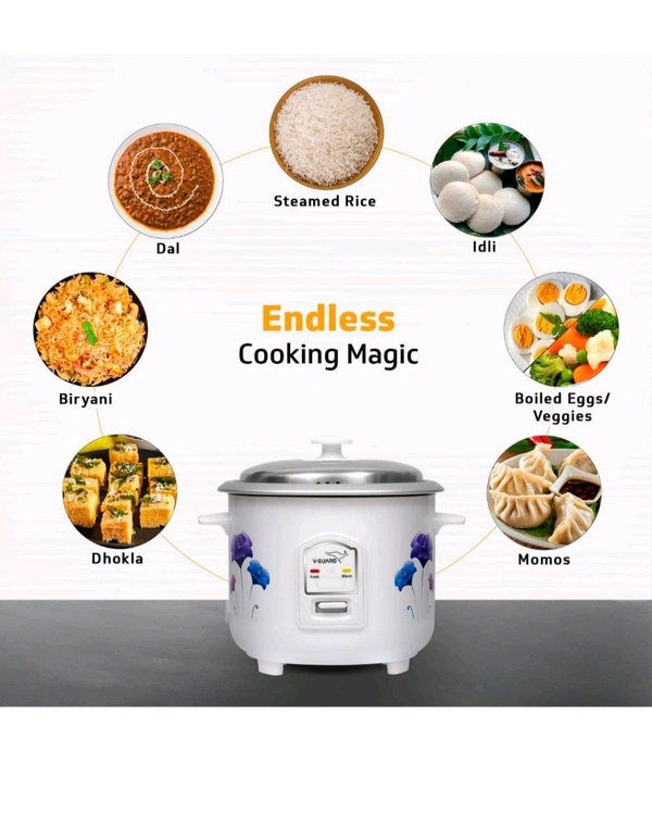 V-Guard VRC 1.0 C 1-Litre Electric Rice Cooker Small with 400 W Power, 2 Pots, Spatula, Rice Separator | 2-Year Product & 5-Year Heating Plate Coverage by V-Guard | Automatic Cooking with Double-layer Body & Cool Touch Handles - White