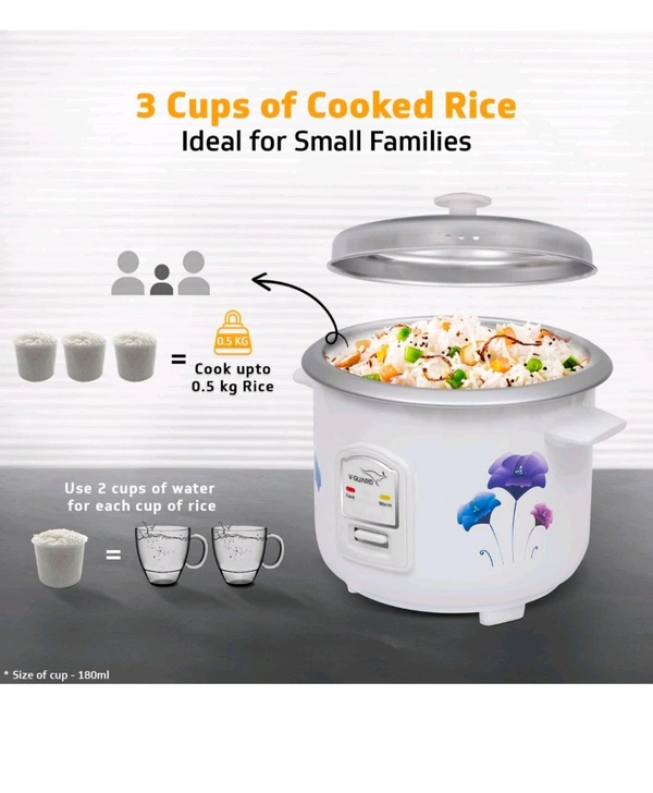 V-Guard VRC 1.0 C 1-Litre Electric Rice Cooker Small with 400 W Power, 2 Pots, Spatula, Rice Separator | 2-Year Product & 5-Year Heating Plate Coverage by V-Guard | Automatic Cooking with Double-layer Body & Cool Touch Handles - White