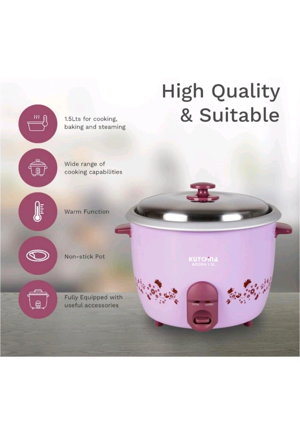 Kutchina Adora 1.5 Litre Rice Cooker Small 500W, Electric Rice Cooker 1.5 ltr | Non-Stick Aluminium Cooking Pans | Stainless Steel Lid | Cool Touch Handles | Detachable Power Cord | Keep Warm Function - Pink Lace