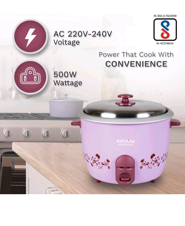 Kutchina Adora 1.5 Litre Rice Cooker Small 500W, Electric Rice Cooker 1.5 ltr | Non-Stick Aluminium Cooking Pans | Stainless Steel Lid | Cool Touch Handles | Detachable Power Cord | Keep Warm Function - Pink Lace
