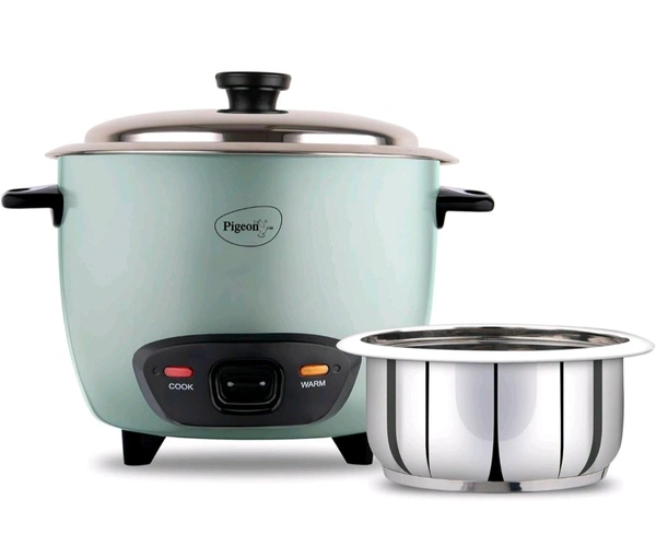 Pigeon Inox Rice Cooker with Single pot, 1 litres | Stainless Steel Lid | 400 Watts | 1 Steel Cooking Pot | Measuring Cup | Spatula | Energy Efficient Cooking - Jungle Mist