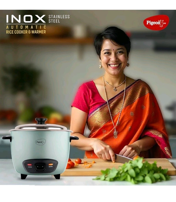 Pigeon Inox Rice Cooker with Single pot, 1 litres | Stainless Steel Lid | 400 Watts | 1 Steel Cooking Pot | Measuring Cup | Spatula | Energy Efficient Cooking - Jungle Mist