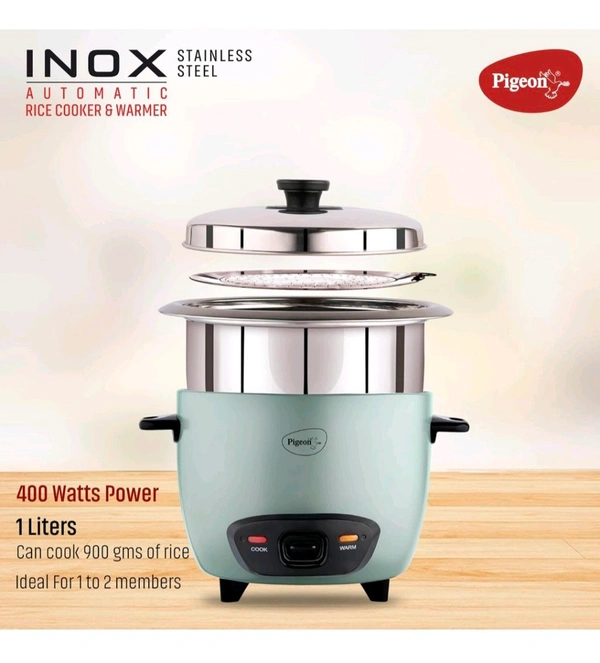 Pigeon Inox Rice Cooker with Single pot, 1 litres | Stainless Steel Lid | 400 Watts | 1 Steel Cooking Pot | Measuring Cup | Spatula | Energy Efficient Cooking - Jungle Mist