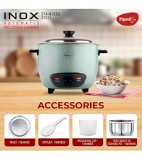Pigeon Inox Rice Cooker with Single pot, 1 litres | Stainless Steel Lid | 400 Watts | 1 Steel Cooking Pot | Measuring Cup | Spatula | Energy Efficient Cooking - Jungle Mist