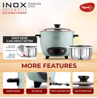 Pigeon Inox Rice Cooker with Single pot, 1 litres | Stainless Steel Lid | 400 Watts | 1 Steel Cooking Pot | Measuring Cup | Spatula | Energy Efficient Cooking - Jungle Mist