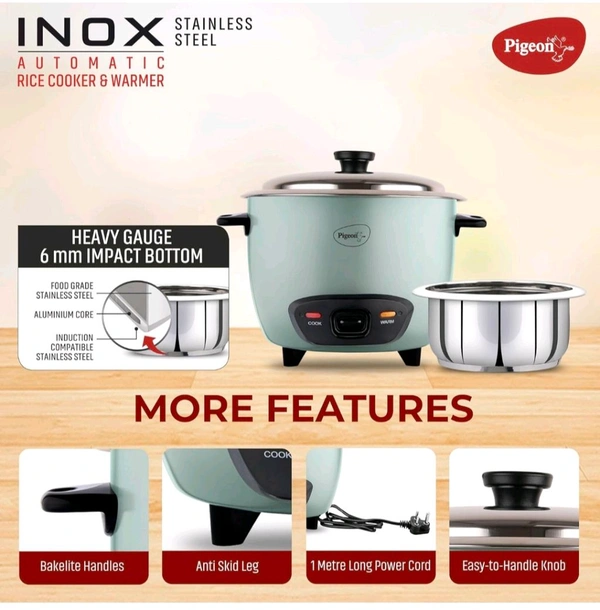 Pigeon Inox Rice Cooker with Single pot, 1 litres | Stainless Steel Lid | 400 Watts | 1 Steel Cooking Pot | Measuring Cup | Spatula | Energy Efficient Cooking - Jungle Mist