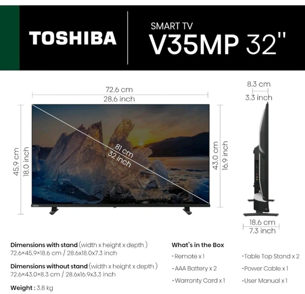 TOSHIBA 80 cm (32 inches) V Series HD Ready Smart Android LED TV 32V35MP (Black) - Black, 32 Inches