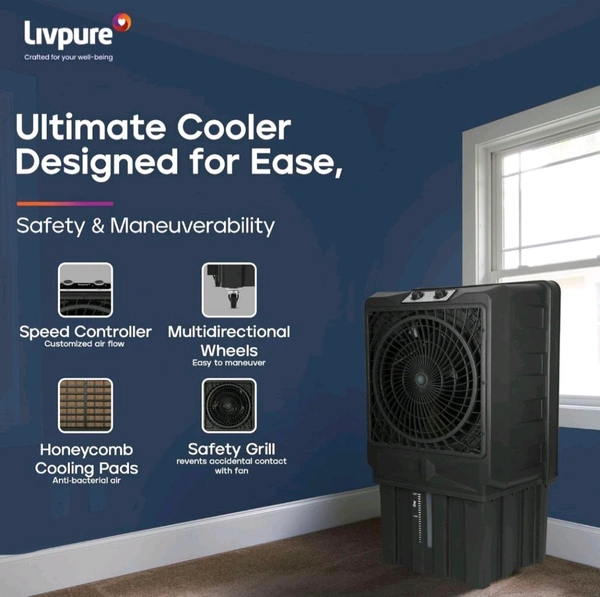 Livpure Scorpio Desert Air Cooler- 100 L | 20" Fan Blade | High Air Delivery | Water Level Indicator | Anti-Bacterial Honeycomb Pad | 350 Watts Motor | 2 years Warranty by Livpure - Black