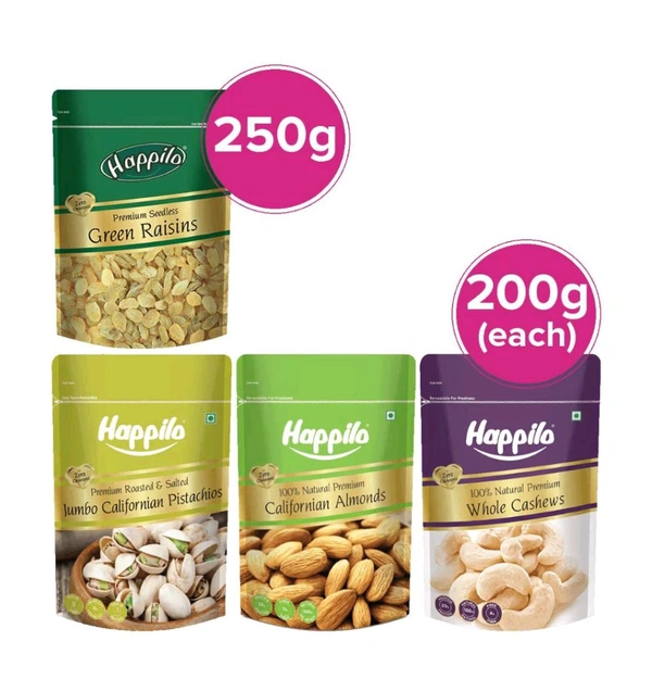 Happilo Premium Natural Whole Cashews,Californian Almond,seedless Green Raisins,Californian Roasted & Salted Pistachios - (1combo) 