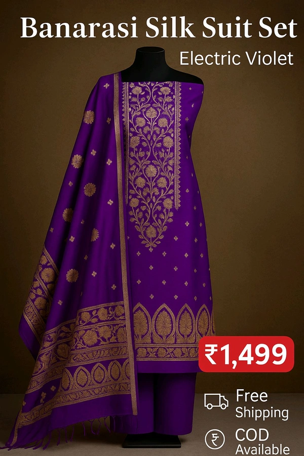 Banarasi Silk Suit Set - Un Stitched, Electric Violet