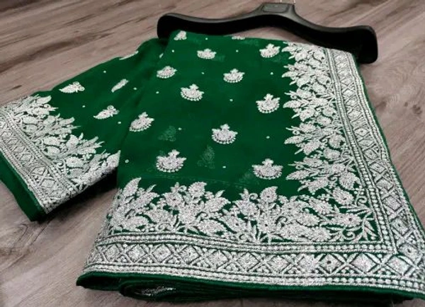 Silver Saree Heavy Silver Embroidery Work Saree  - Japanese Laurel, Free Size