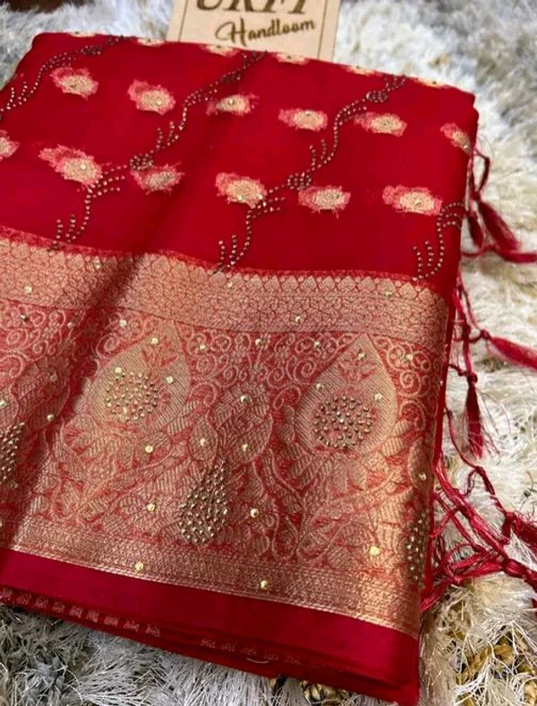 Organza Stone Work Saree  - Free Size