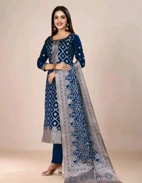 Banarsi Silk With Dupatta Suit - Navy Blue, Un Stitched