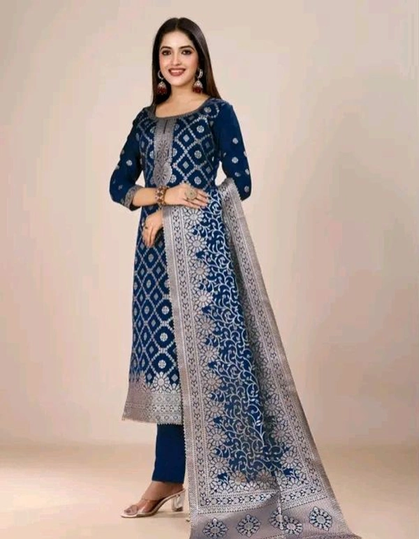 Banarsi Silk With Dupatta Suit - Navy Blue, Un Stitched