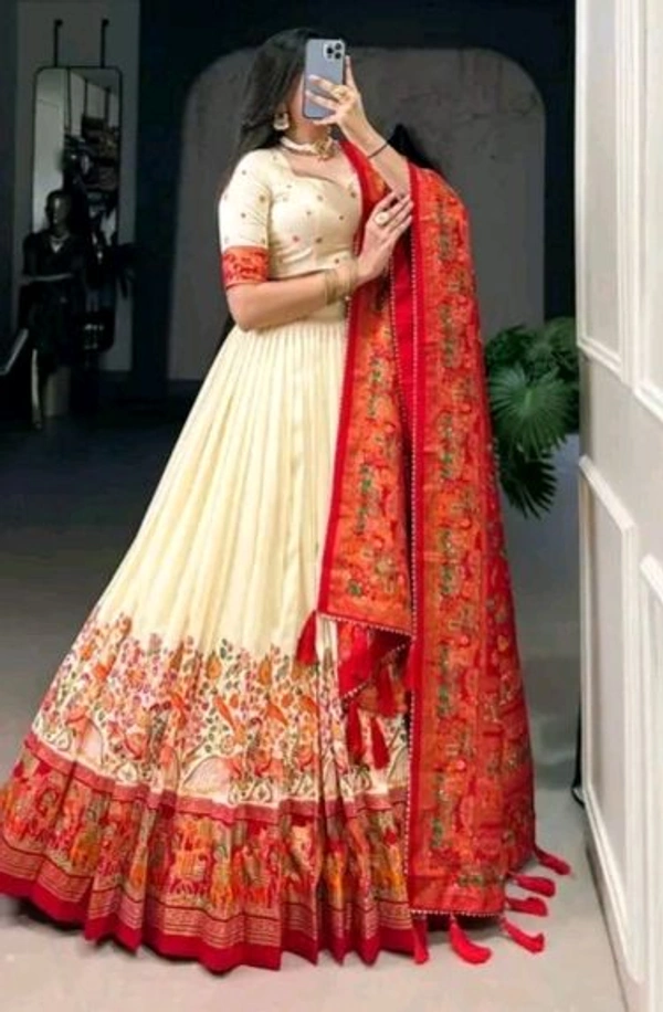 Floral Tusser Silk Lehenga  - Free Size