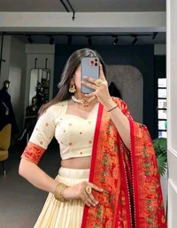 Floral Tusser Silk Lehenga  - Free Size