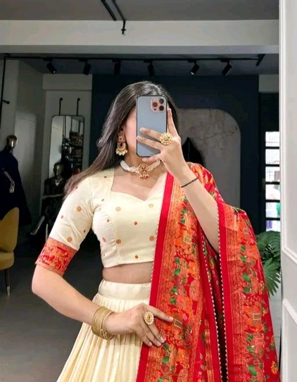 Floral Tusser Silk Lehenga  - Free Size