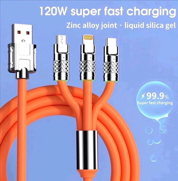 Tecsox 3in1 120 W Cable | 5A Fast
Charging Cable |
Mettalic Finish 

 - Red Orange