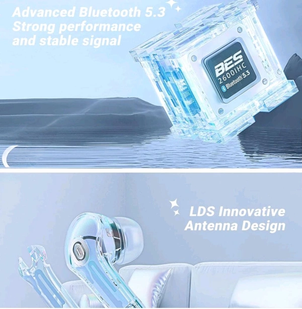VELOCIOUS® Wireless Earphones Bluetooth 5.3 Headphones LED Power Display Mini Crystal in-Ear Earbuds with Wireless Charging Case Touch Control Built-in Mic Headphone for Sports Earphone (Green) - Mint Green