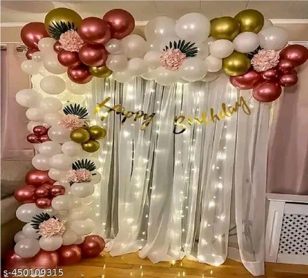 White PCENFAP028 Net Curtain With Led Light Happy Birthday Decoration Kit Combo (29pcs) With White Net Cloth (1pc) Led Light (1pc) Happy Birthday banner (1 set) Metallic Balloons & Ribbon for Boy   - Design 1