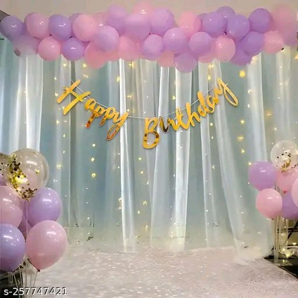 White PCENFAP028 Net Curtain With Led Light Happy Birthday Decoration Kit Combo (29pcs) With White Net Cloth (1pc) Led Light (1pc) Happy Birthday banner (1 set) Metallic Balloons & Ribbon for Boy   - Design 2