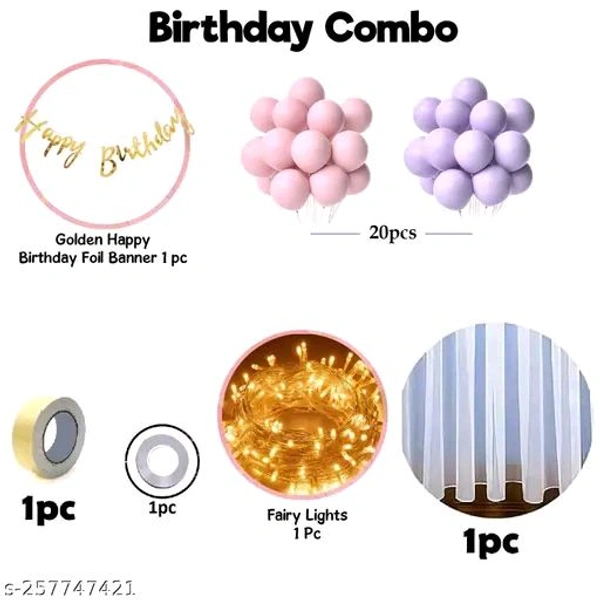 White PCENFAP028 Net Curtain With Led Light Happy Birthday Decoration Kit Combo (29pcs) With White Net Cloth (1pc) Led Light (1pc) Happy Birthday banner (1 set) Metallic Balloons & Ribbon for Boy   - Design 2