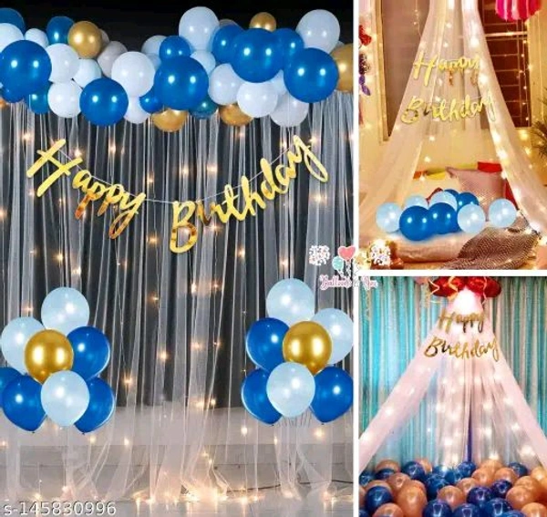 White PCENFAP028 Net Curtain With Led Light Happy Birthday Decoration Kit Combo (29pcs) With White Net Cloth (1pc) Led Light (1pc) Happy Birthday banner (1 set) Metallic Balloons & Ribbon for Boy   - Design 4