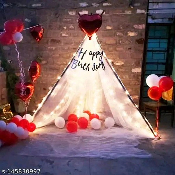 White PCENFAP028 Net Curtain With Led Light Happy Birthday Decoration Kit Combo (29pcs) With White Net Cloth (1pc) Led Light (1pc) Happy Birthday banner (1 set) Metallic Balloons & Ribbon for Boy   - Design 5