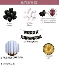 White PCENFAP028 Net Curtain With Led Light Happy Birthday Decoration Kit Combo (29pcs) With White Net Cloth (1pc) Led Light (1pc) Happy Birthday banner (1 set) Metallic Balloons & Ribbon for Boy   - Design 6