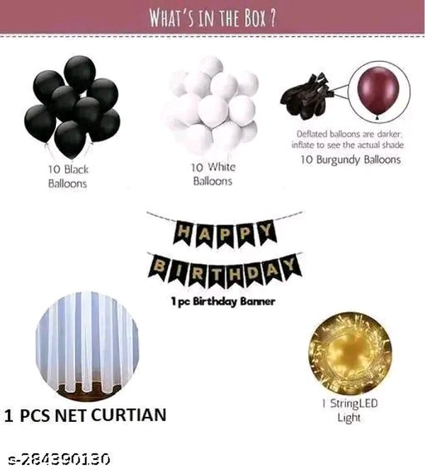 White PCENFAP028 Net Curtain With Led Light Happy Birthday Decoration Kit Combo (29pcs) With White Net Cloth (1pc) Led Light (1pc) Happy Birthday banner (1 set) Metallic Balloons & Ribbon for Boy   - Design 6