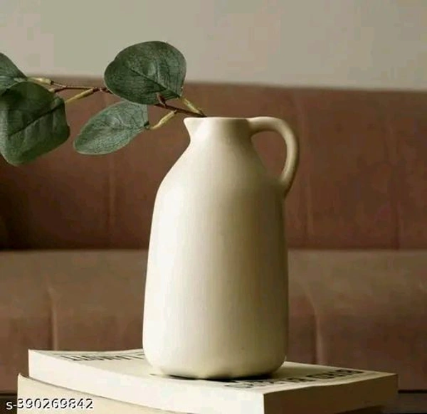 PREM RATAN PCENFAP029 AND ASSOCIATES Ceramic Showpiece Jug Shape Flower Vase Pot for Home , Office , Kitchen , Dining Table and Study Table Decoration | Used with Artificial flower or Real Flowers | Pack of 1 | Off-white | 7 Inch Height
 