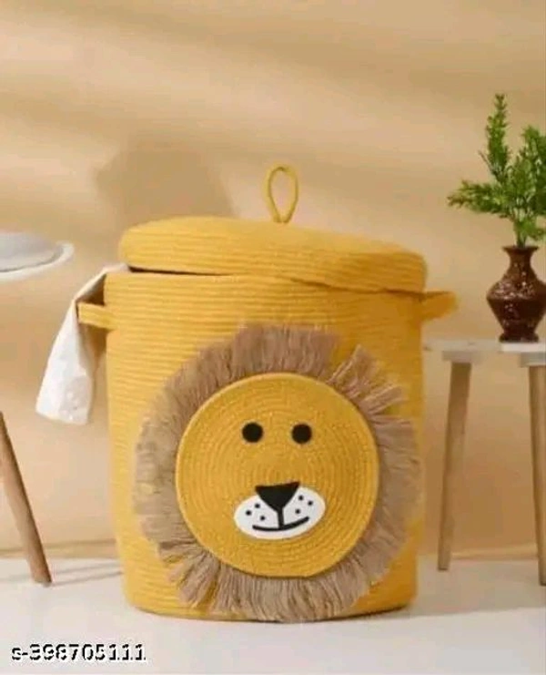  Tamanna PCENFAP033 Matka Cotton Basket for Storage, Kitchen, Baby Clothes (1 Piece, 20x25 cm) –Handcrafted Round Woven Big Size Cartoon Basket for Kids, Toys, Wardrobe, Hamper, Plants (Beige) - Lion