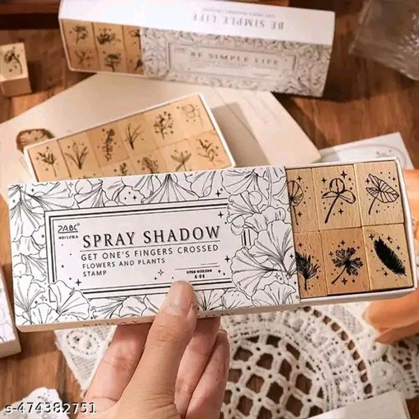 8PC PCENFAP078 Spray Shadow Series Retro Floral Plant Wooden Seal Stamp Pack Diy Scrapbooking, Crafts & Stationery Fun Seal Stamp (PACK OF 8PC)
  - Combo Design 1