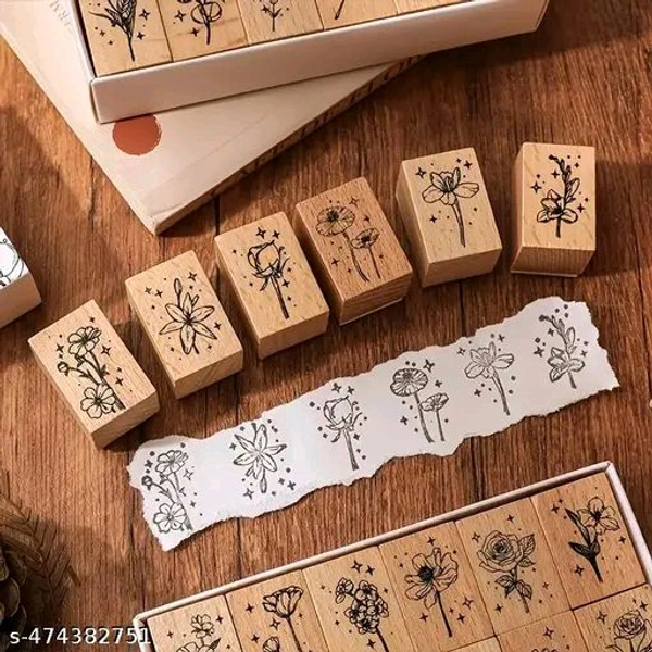 8PC PCENFAP078 Spray Shadow Series Retro Floral Plant Wooden Seal Stamp Pack Diy Scrapbooking, Crafts & Stationery Fun Seal Stamp (PACK OF 8PC)
  - Combo Design 1