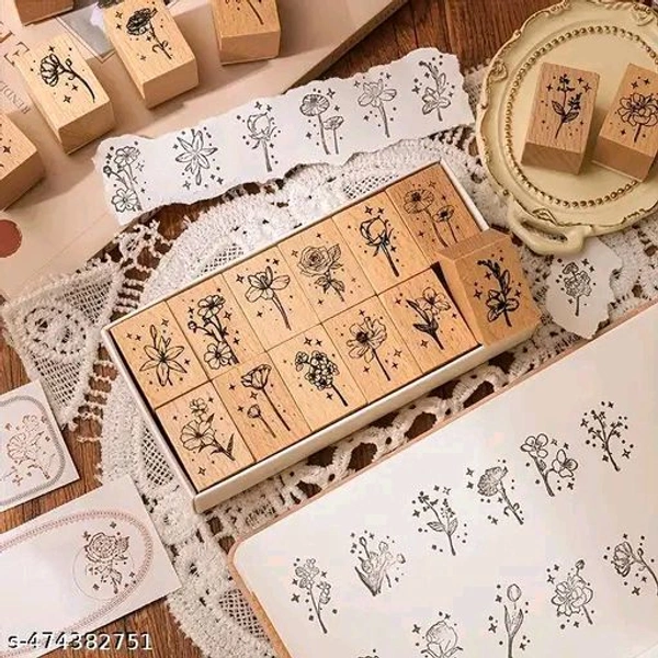 8PC PCENFAP078 Spray Shadow Series Retro Floral Plant Wooden Seal Stamp Pack Diy Scrapbooking, Crafts & Stationery Fun Seal Stamp (PACK OF 8PC)
  - Combo Design 1