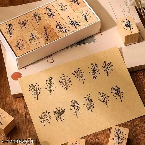 8PC PCENFAP078 Spray Shadow Series Retro Floral Plant Wooden Seal Stamp Pack Diy Scrapbooking, Crafts & Stationery Fun Seal Stamp (PACK OF 8PC)
  - Combo Design 1