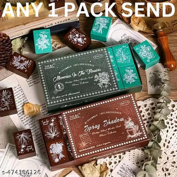 8PC PCENFAP078 Spray Shadow Series Retro Floral Plant Wooden Seal Stamp Pack Diy Scrapbooking, Crafts & Stationery Fun Seal Stamp (PACK OF 8PC)
  - Combo Design 3