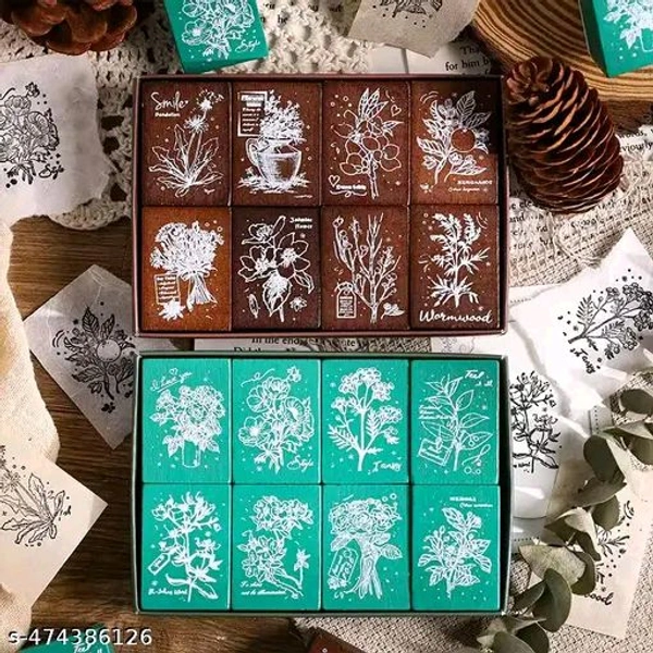 8PC PCENFAP078 Spray Shadow Series Retro Floral Plant Wooden Seal Stamp Pack Diy Scrapbooking, Crafts & Stationery Fun Seal Stamp (PACK OF 8PC)
  - Combo Design 3